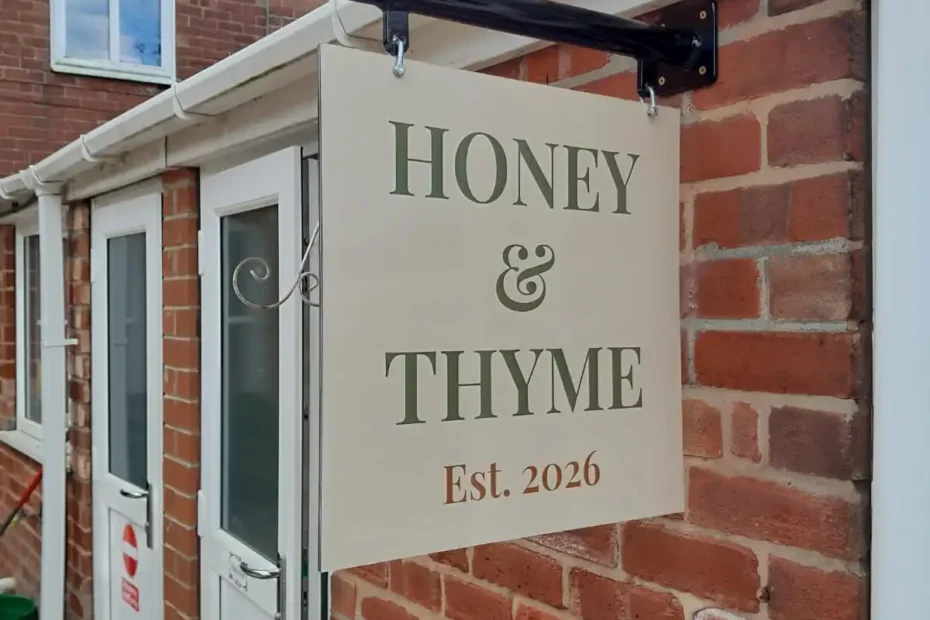Cream-colored sign reading 'HONEY & THYME' with 'Est. 2026', hanging on a brick wall storefront.